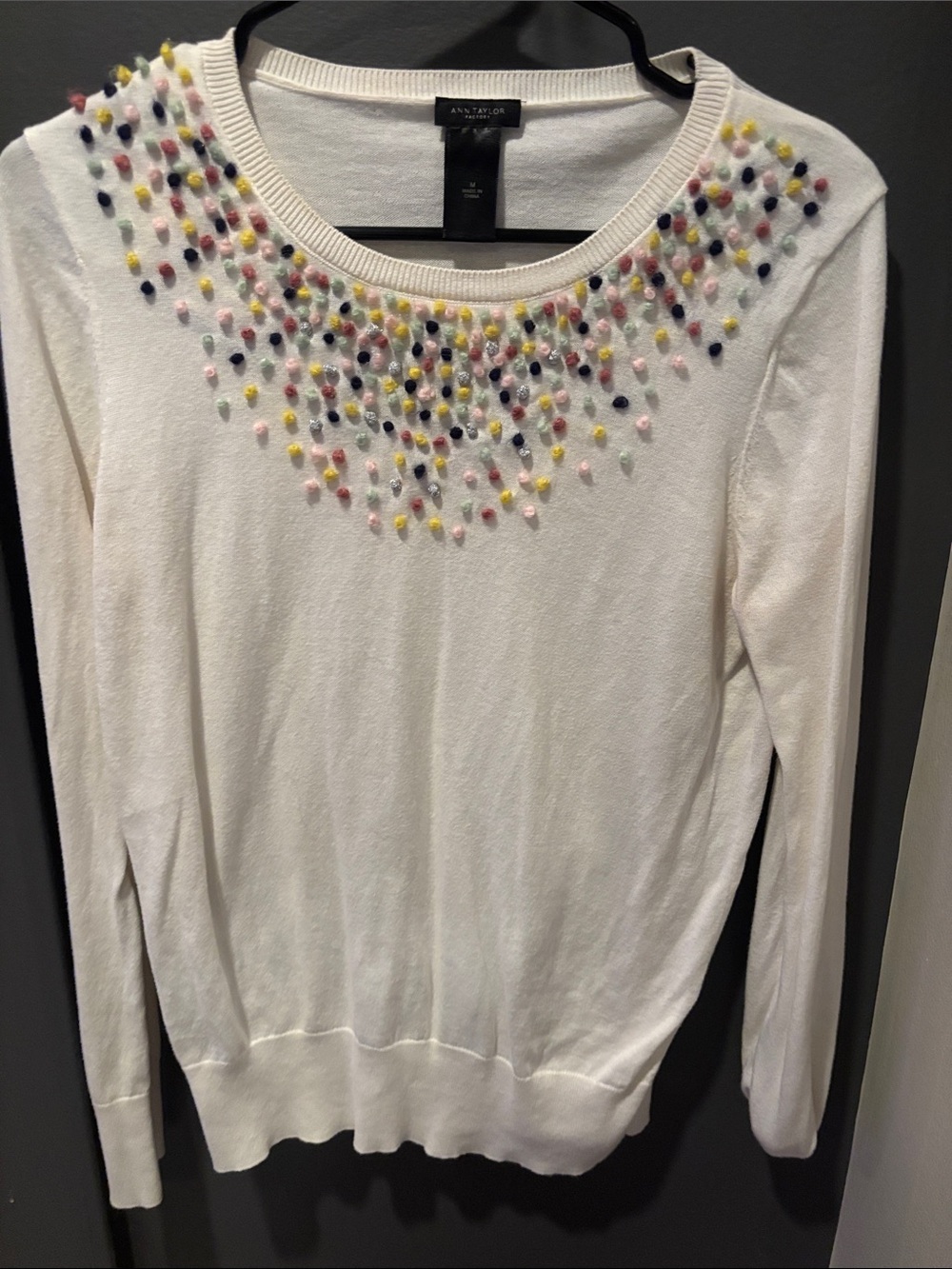 Ann Taylor Factory White Crewneck Sweater with Multicolor Pom Embellishments